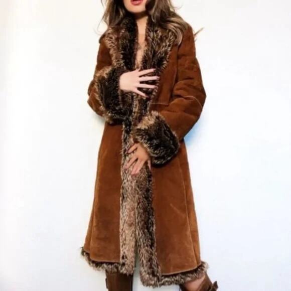 Wilsons Leather Pelle Studio Penny Lane Long Brown Suede Faux Fur Coat size XL - Picture 10 of 11
